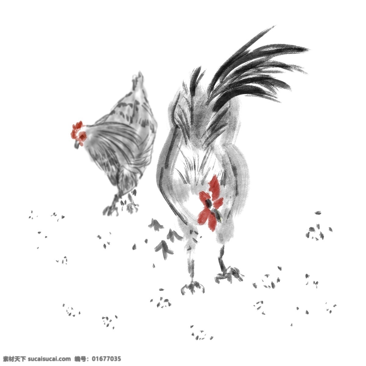 水墨 国风 手绘 动物 元素 中国风 鸡 公鸡 家禽 母鸡 小鸡啄米