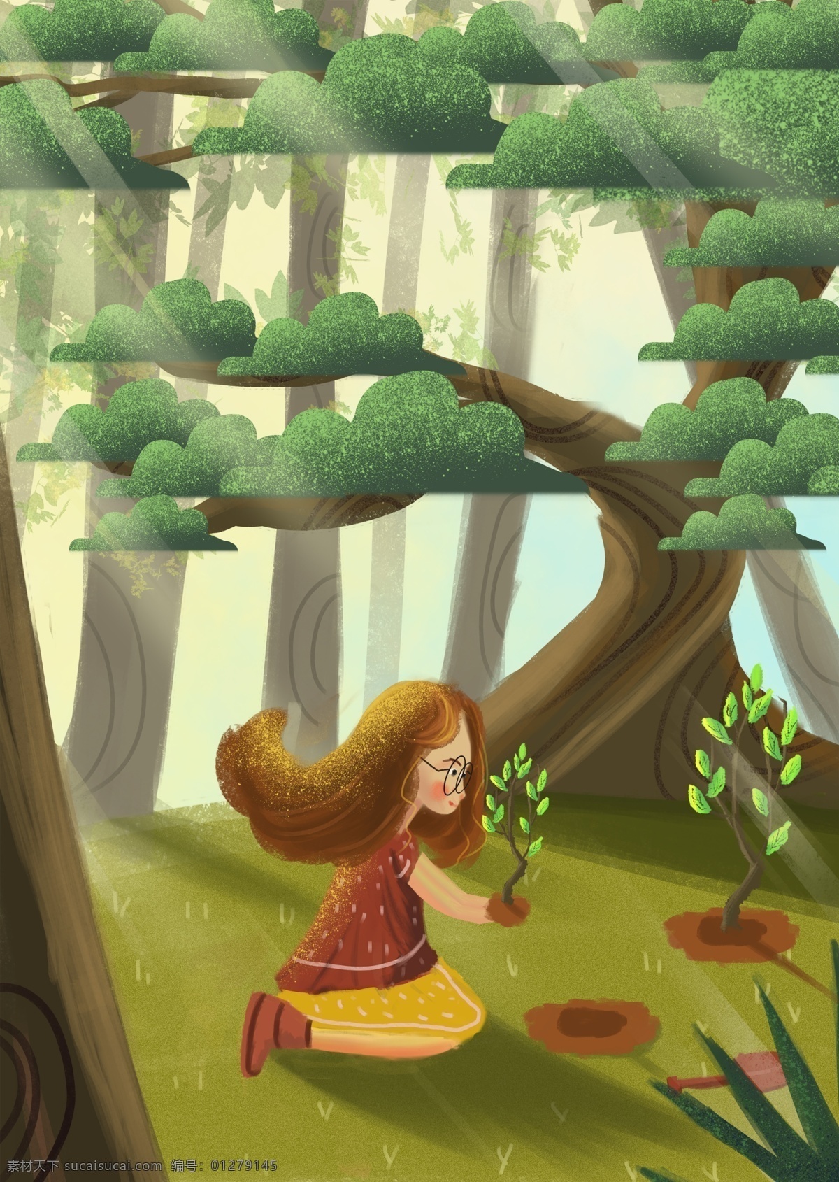 植树节 唯美 小 清新 种树 女孩 森林 插画 绿色环保 环保公益 森林插画 童话森林 小清新 自然风光 树 文艺女孩