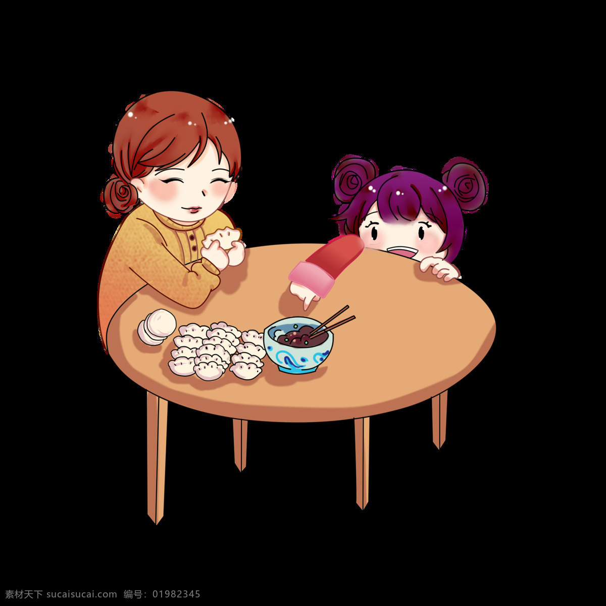 新年 2019 年 妈妈 孩子 包 饺子 春节 一家人 喜庆 卡通人物 装饰画 2019年 过年 包饺子 传统习俗 团圆 中国传统节日