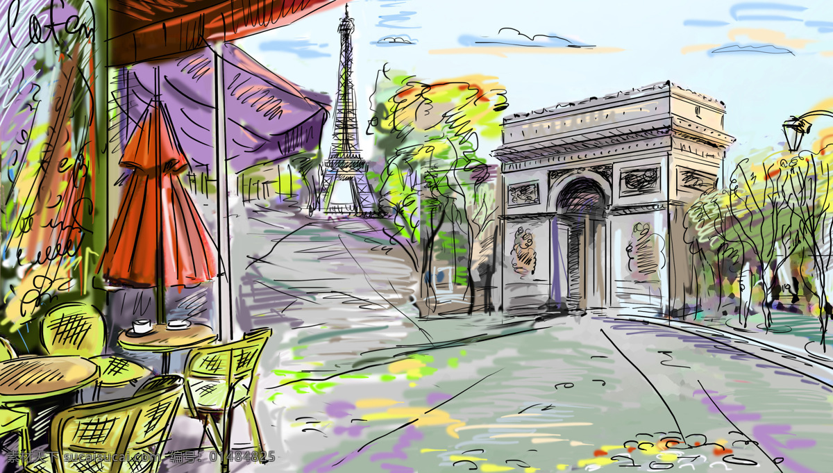 巴黎 风景 插画 巴黎风景插画 手绘风景 埃菲尔铁塔 凯旋门 巴黎街头风景 手绘 街道 城市风光 环境家居