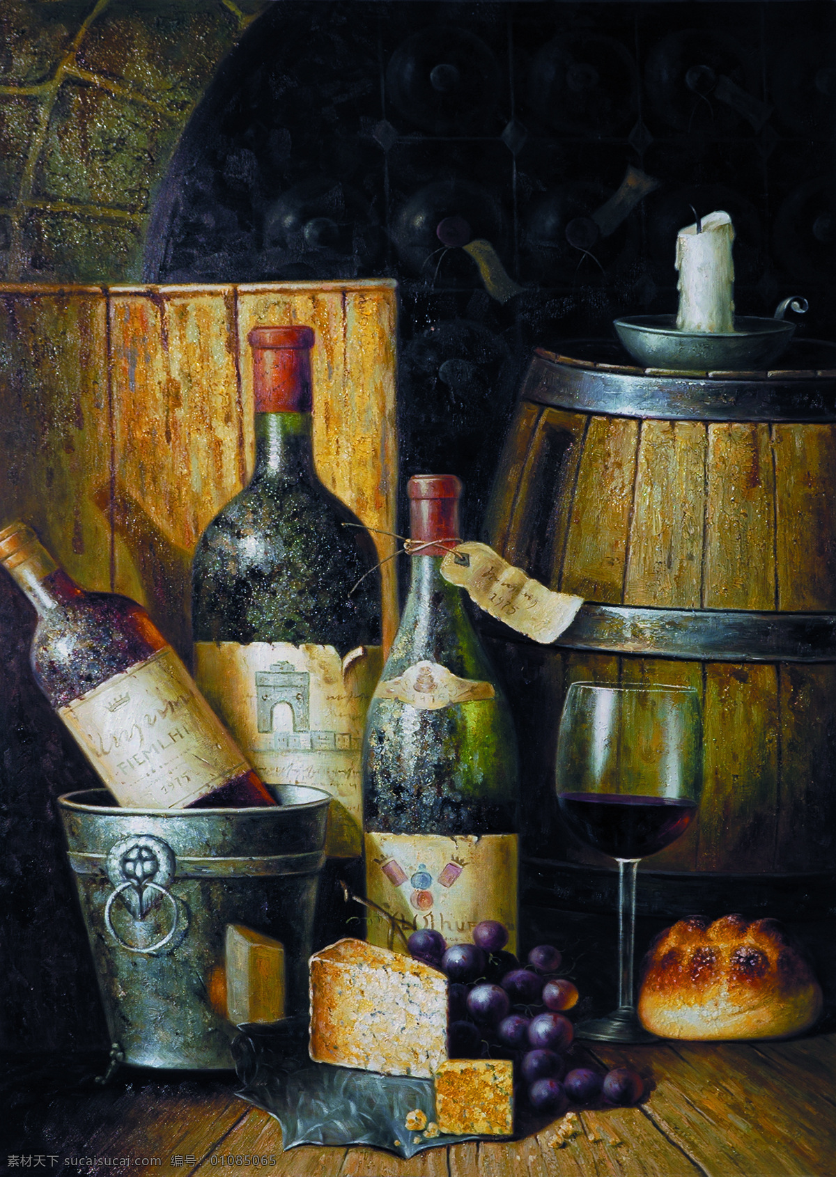 葡萄酒 静物 油画 酒瓶 高脚杯 玻璃酒杯 木桶 奶酪 油画写生 绘画艺术 装饰画 无框画 其他艺术 文化艺术 黑色