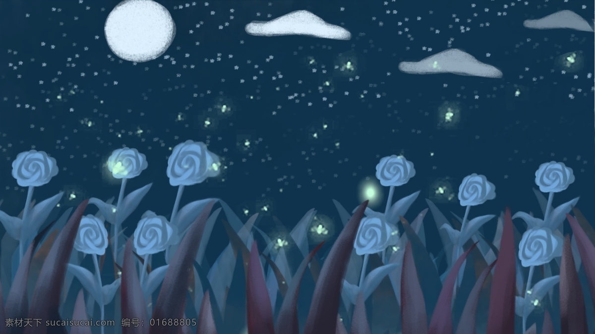 简约 夜晚 花前月下 雪景 背景 月亮 花朵 背景素材 手绘 成语故事 赏花 花海 广告背景