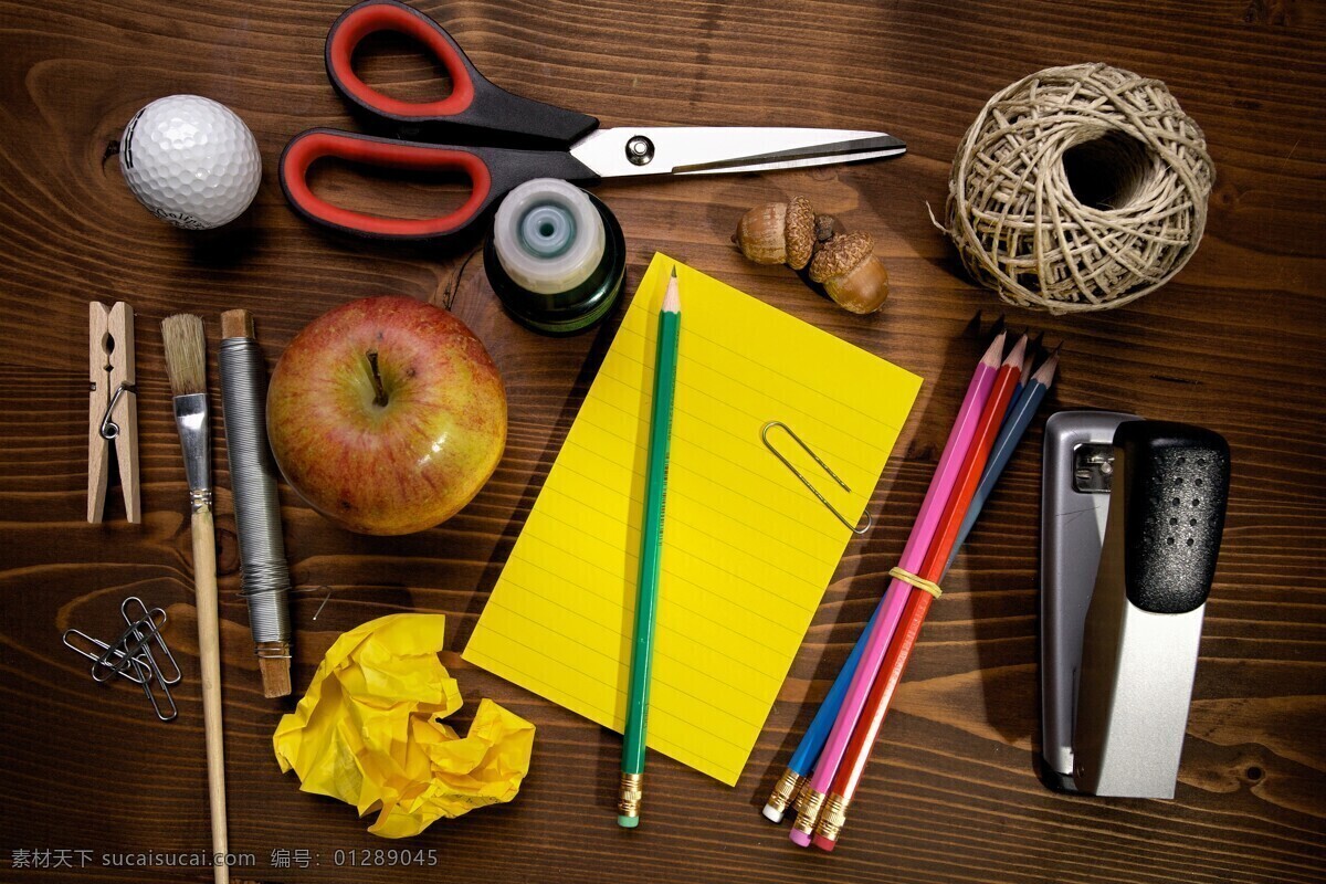 木板 上 学习用品 彩色铅笔 钉书机 剪刀 工具 画笔 学习教育 文具 办公学习 生活百科
