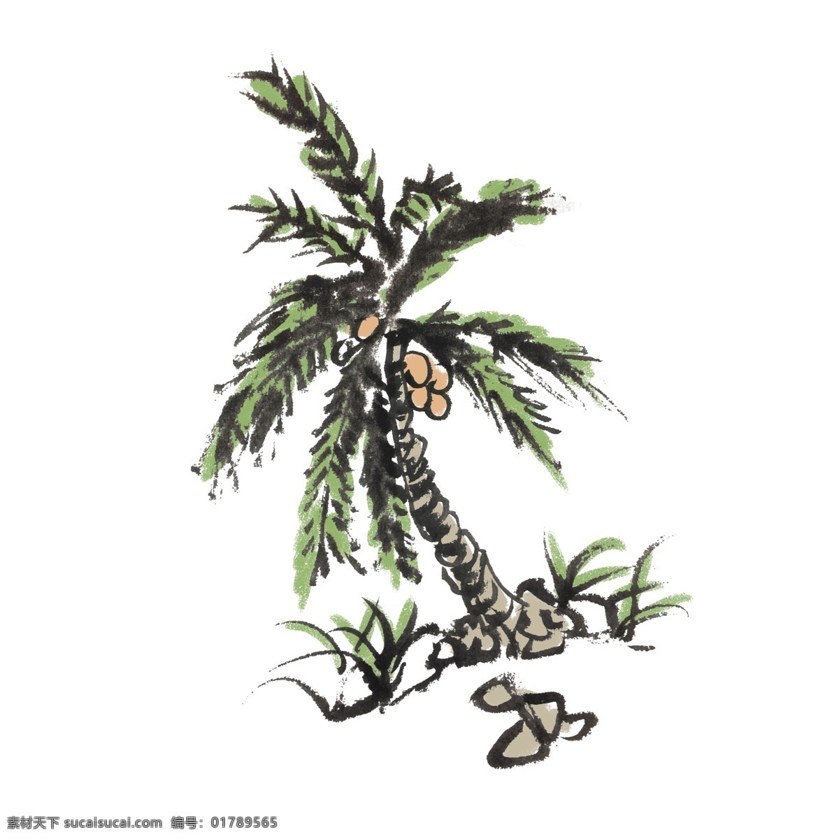 水墨 风 中国 椰子 手绘 插画 椰子树 清凉 夏天 夏季 水果 中国风 古风 水墨风 墨迹 彩色 春天 生动 花草 国风 国画