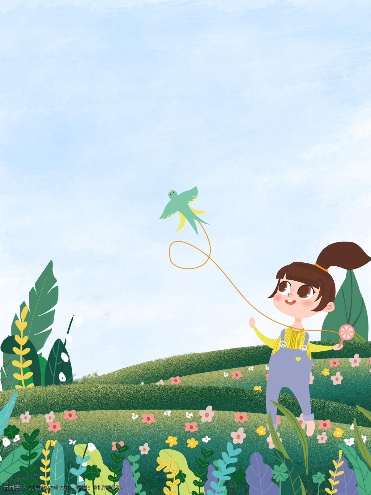 春季 野外 放风筝 女孩 背景 植物 绿叶 黄叶 紫叶