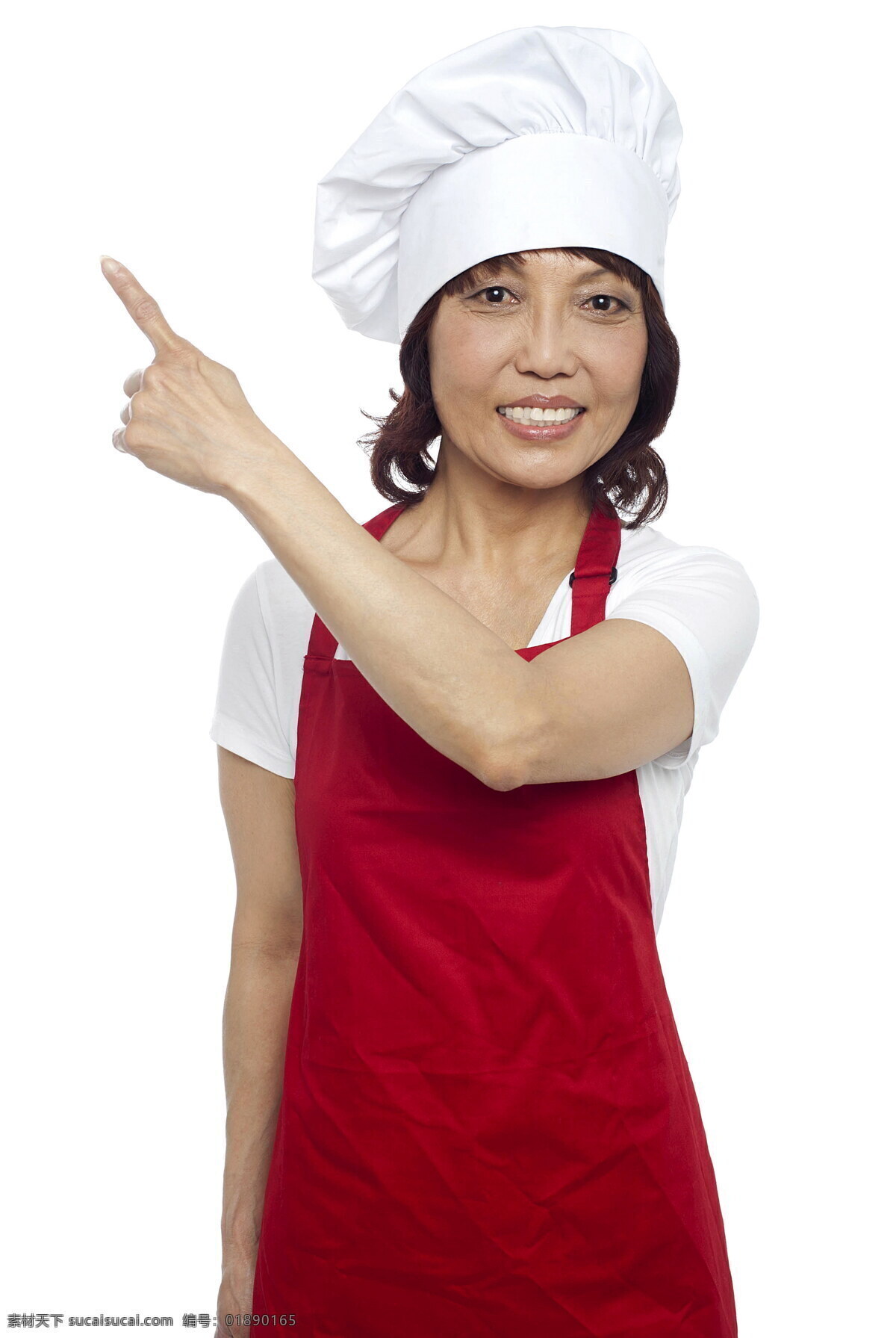 伸出 一根 手指 女 厨师 微笑 女厨师 红色围裙 白色帽子 商务人士 人物图片