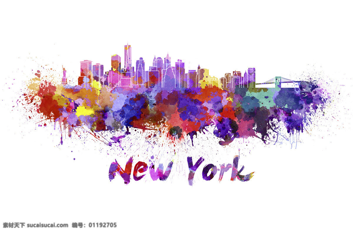 纽约水彩插画 纽约 水彩墨迹 水彩喷溅 水彩城市 城市插画 城市剪影 城市天际线 建筑剪影 标志性建筑 城市风光 环境家居 白色