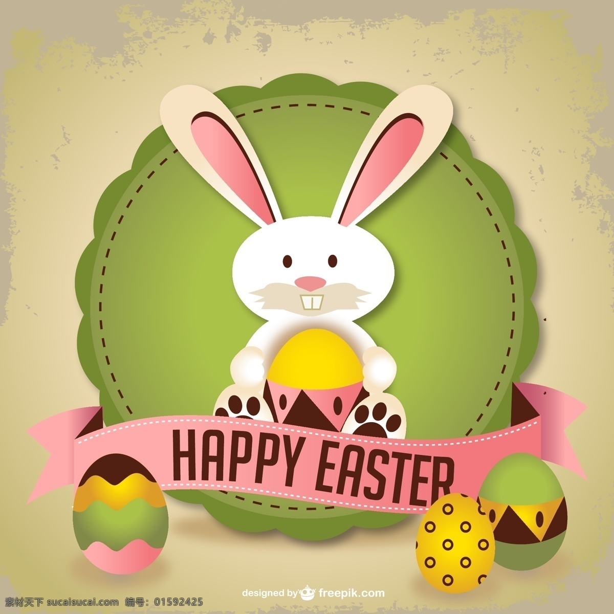 复活节 兔子 巧克力 蛋 包围 丝带 卡片 绿色 模板 艺术 布局 庆典 兔 装饰 明信片 插图 复活节蛋 贺卡 问候 黄色