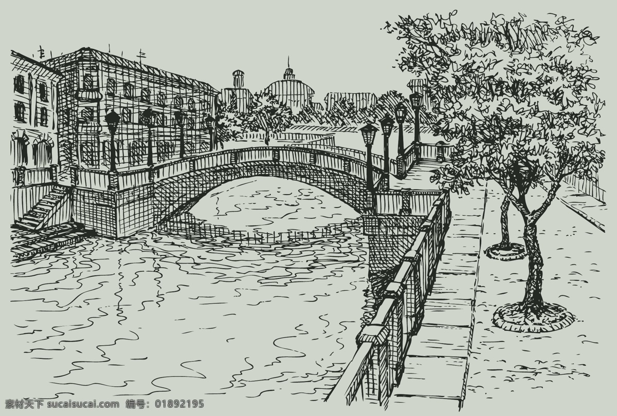 手绘 桥梁 城市建筑 绘画 绘画书法 建筑家居 文化艺术 线描 矢量 模板下载 手绘桥梁 手绘水影 矢量图