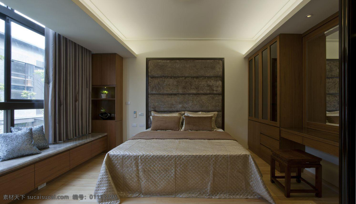 现代 时尚 简约 卧室 浅色 地板 室内装修 效果图 木地板 木制衣架 白色窗台 衣柜