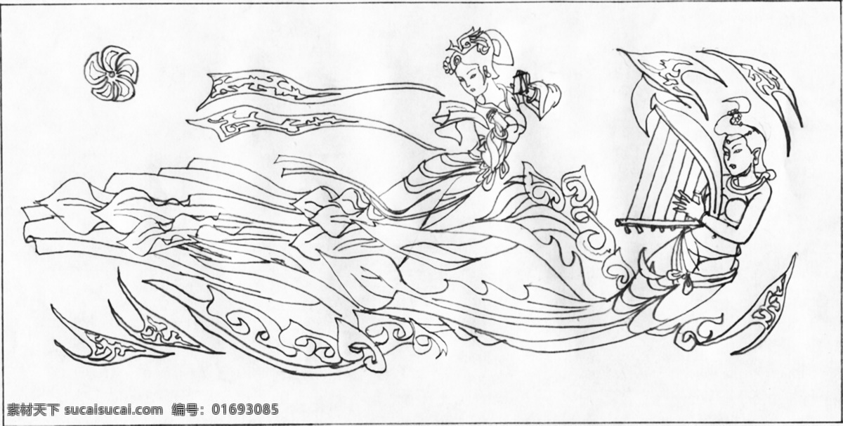 飞天 南音 妙音鸟 敦煌 传统文化 白描 铅笔画 主题浮雕类 文化艺术