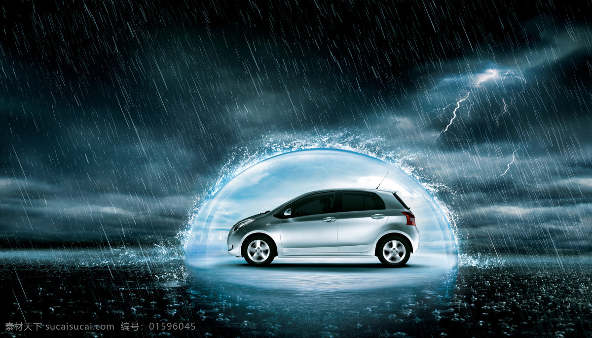 汽车 创意 广告 背景 下雨 雨滴 闪电 轿车 工业生产 小车 交通工具 汽车图片 现代科技