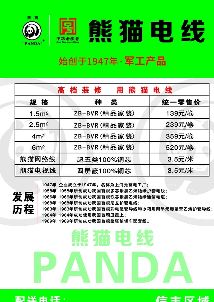 熊猫电线 中华老字号 军工产品 精品家装 价格表