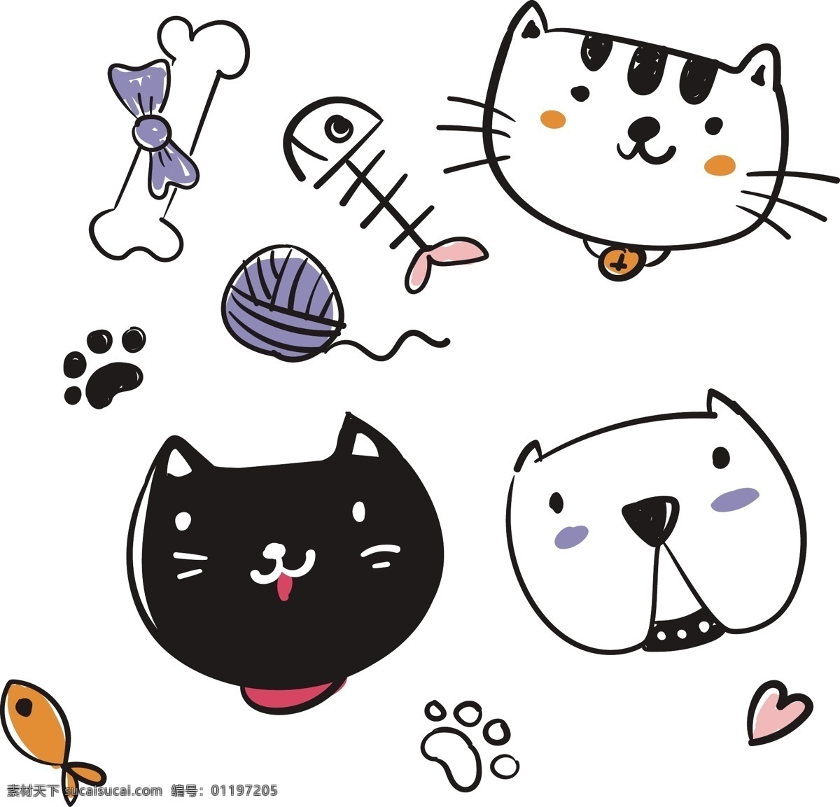 猫咪 卡通猫咪 卡通猫 动物 宠物 手绘 手绘素材 手绘动物 花 印花 印花图案 碎花 小碎花 底纹 背景 碎花背景 可爱 可爱素材 猫咪元素 猫骨头 骨头 骨棒 猫爪 猫音 鱼 爱心 毛线 卡通 卡通设计