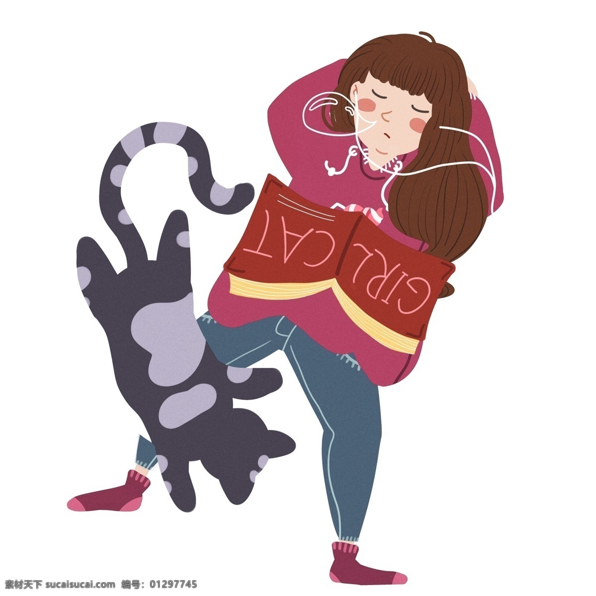 卡通 躺 休息 女孩 猫咪 插画 复古肌理 躺着的女生