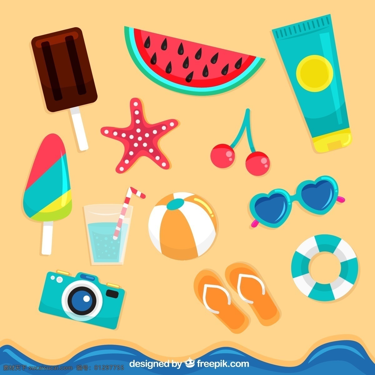 创意 沙滩 上 旅游 物品 沙滩上 雪糕 西瓜 海星 生活用品 生活百科 休闲娱乐