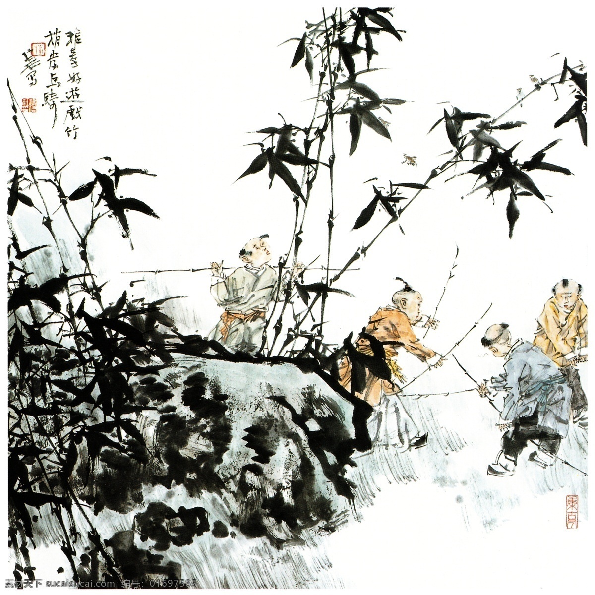 玩竹马 儿童 儿童游戏 国画儿童 快乐儿童 竹子 竹林 国画山水 国画竹子 崔建社绘画 国画人物 绘画书法 文化艺术