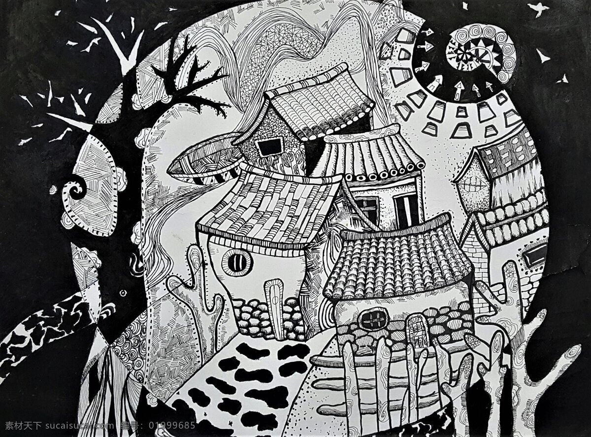 线描画 线描 黑白 画 小房子 黑夜 树 文化艺术 绘画书法