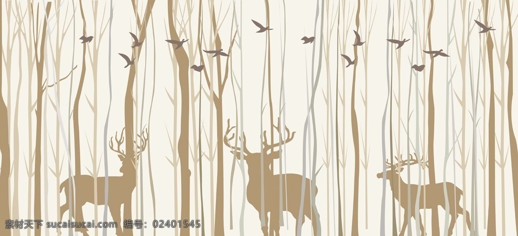 手绘 抽象 森林 鹿 小鸟 背景 墙 森林鹿 鸟群 麋鹿 树林 现代 田园 简约 背景墙 底纹边框 移门图案