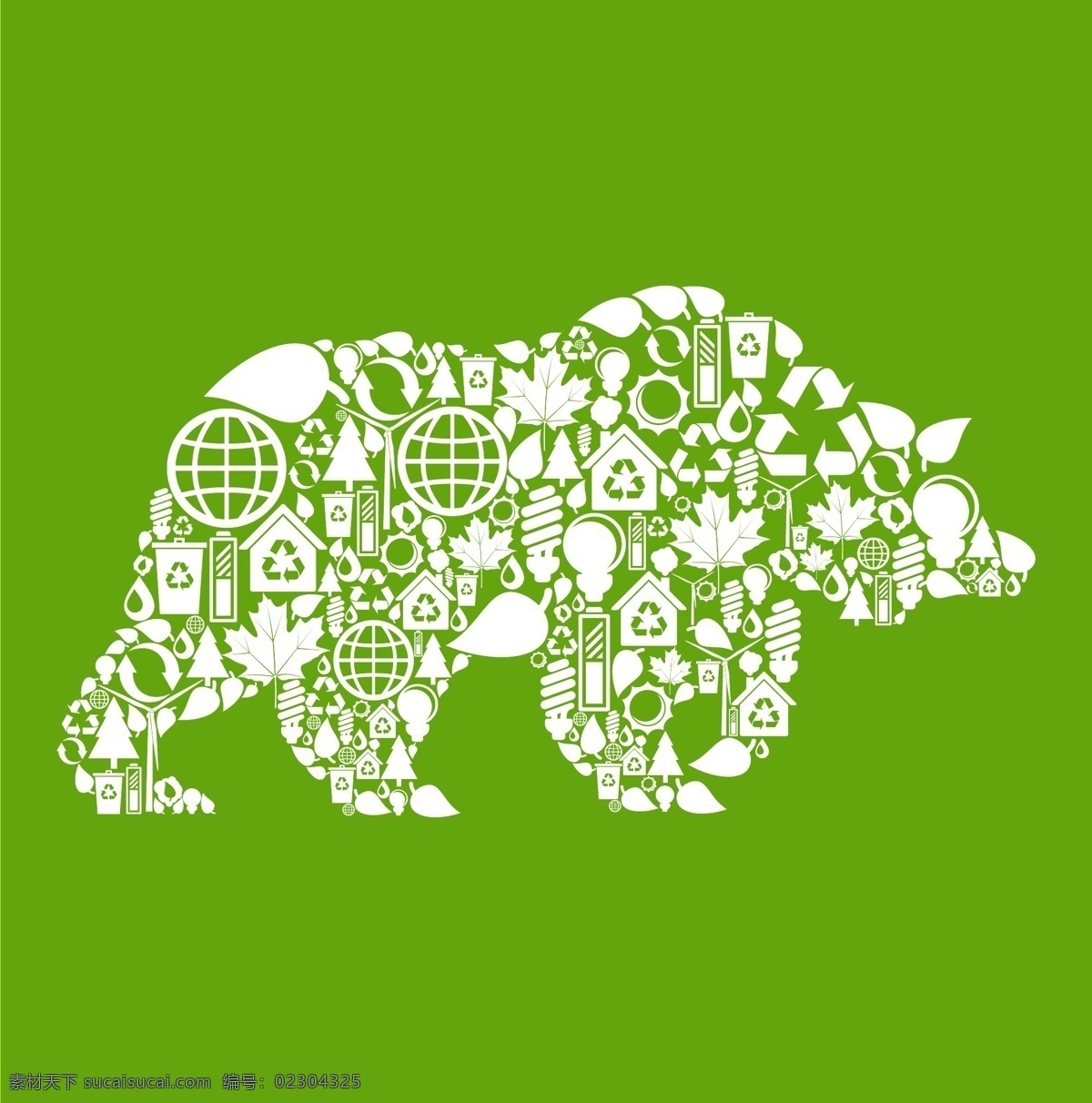 环保 主题 拼贴 形象 动物 北极熊 地球 枫叶 回收 垃圾桶 鹿 树 树叶 元素 野猪 矢量图 其他矢量图