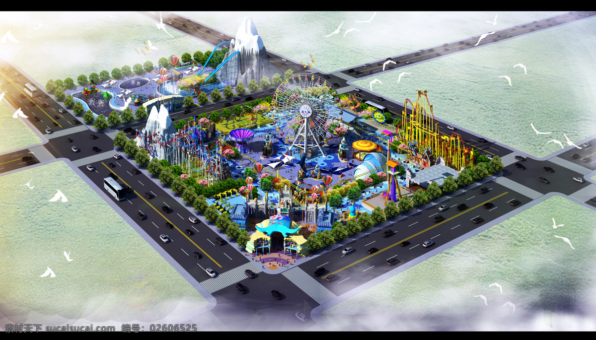 主题公园 鸟瞰 效果图 乐园规划设计 游乐园 游乐场 主题乐园 公园 环境设计