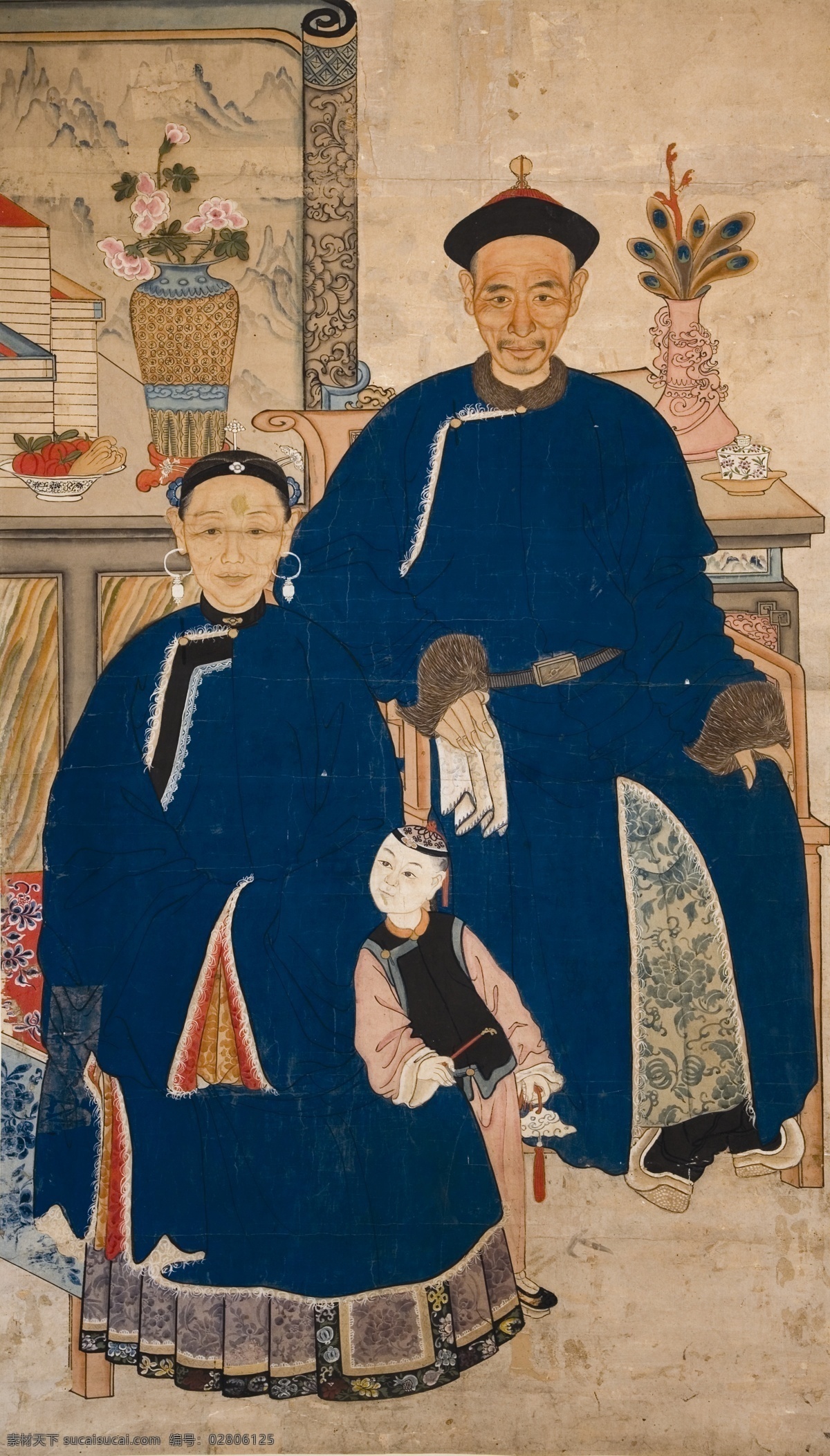 清代 工笔 人物 画像 清 夫妻 全家 文化艺术 绘画书法 国画 设计图库