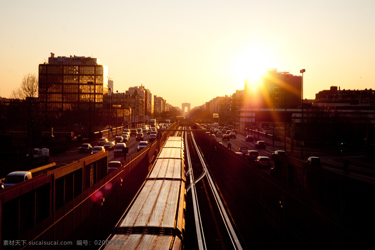 夕阳 下 绚丽 列车 场景 火车 铁轨 黑色
