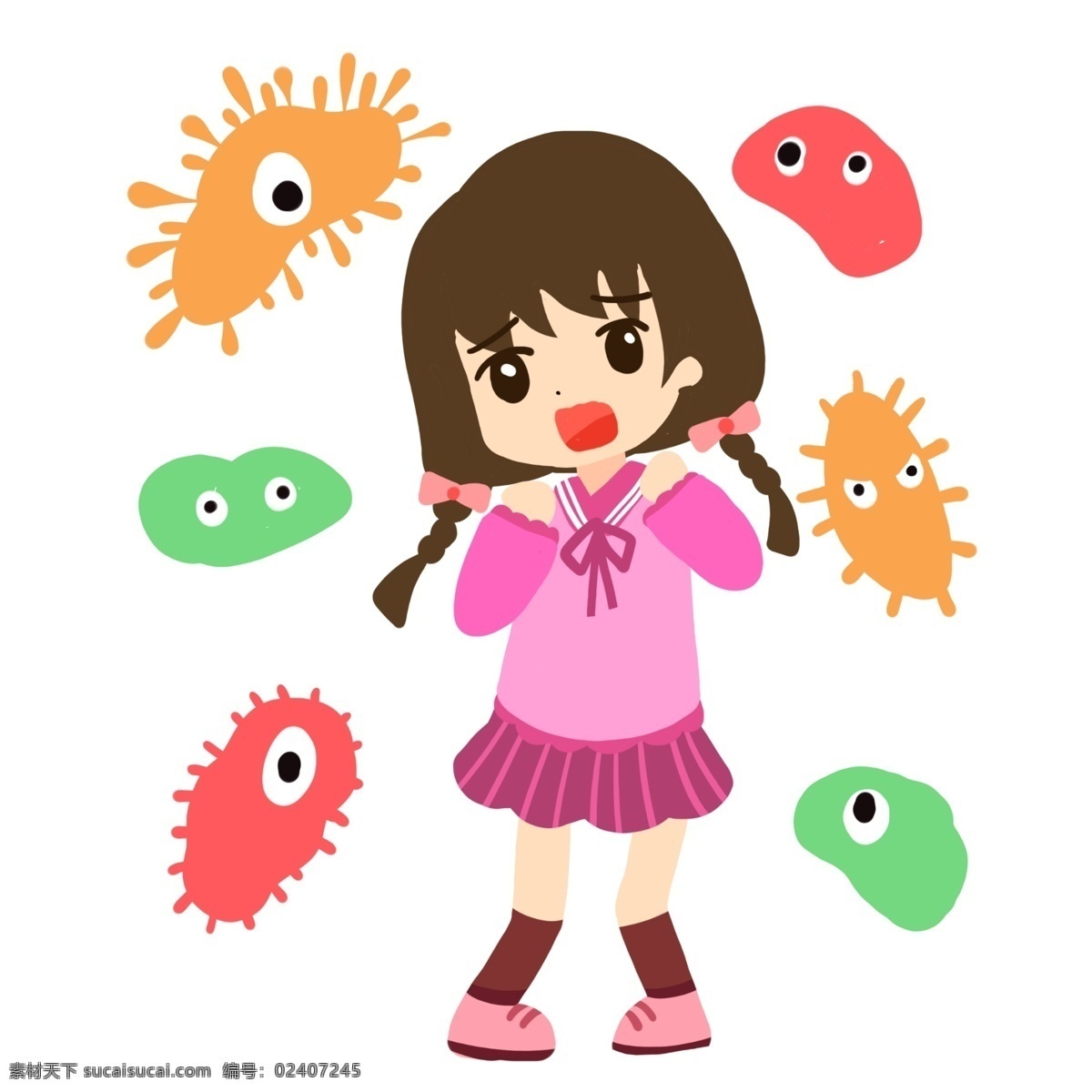 女孩 害怕 细菌 入侵 卡通 原核 生物 大肠 杆菌 病毒 医学 疾病 生病 菌体 菌状 细胞