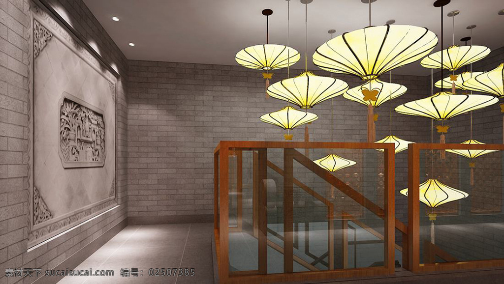 新 中式 风格 餐饮 商业空间 大厅 效果图 新中式风格 室内设计 大厅效果图 伞形灯 简约风 仿古墙 影壁墙 楼梯