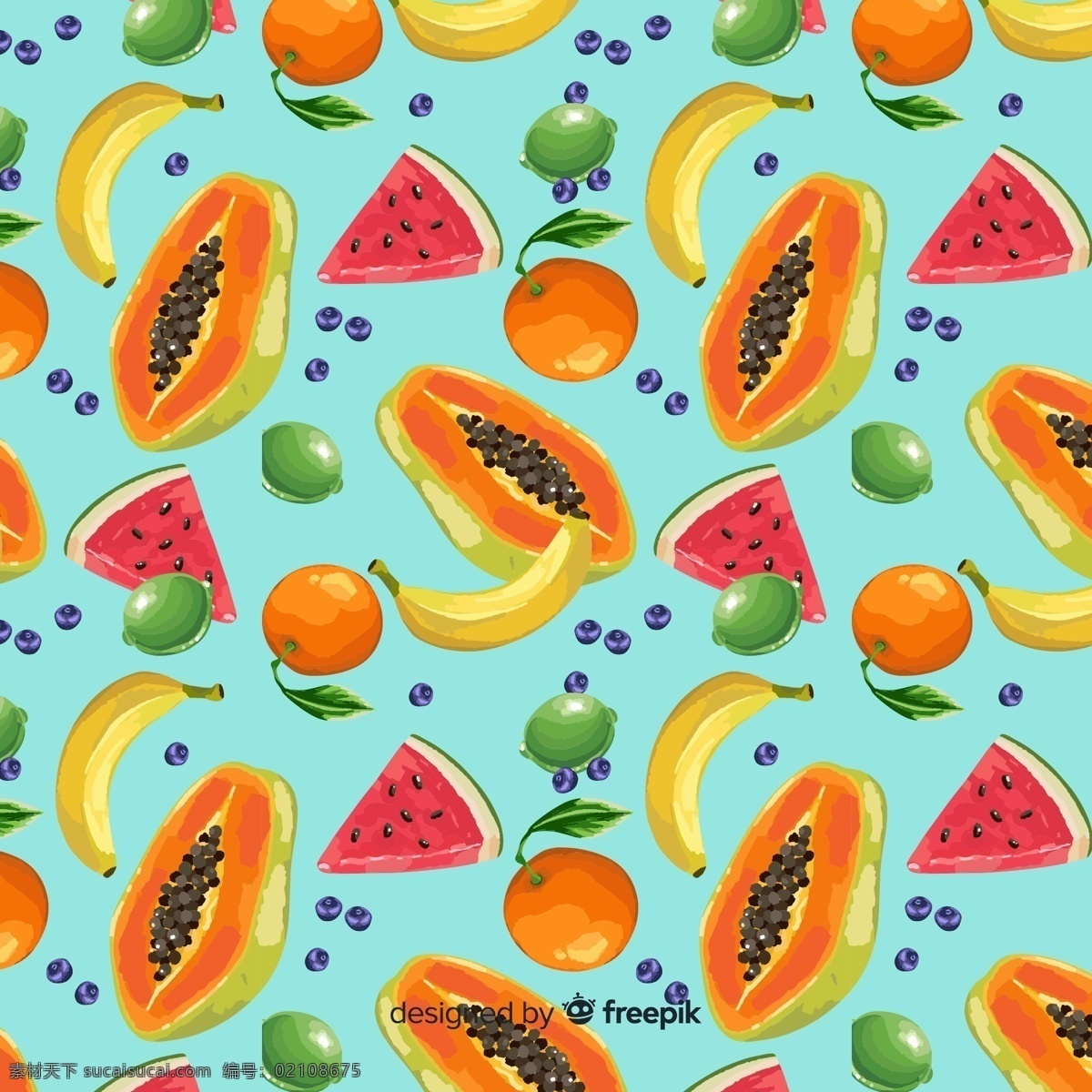 水果 无缝 拼接 图 无缝拼接 木瓜 香蕉 橘子 柠檬 青橘 蓝莓 水果拼接 果盘 底纹边框 背景底纹