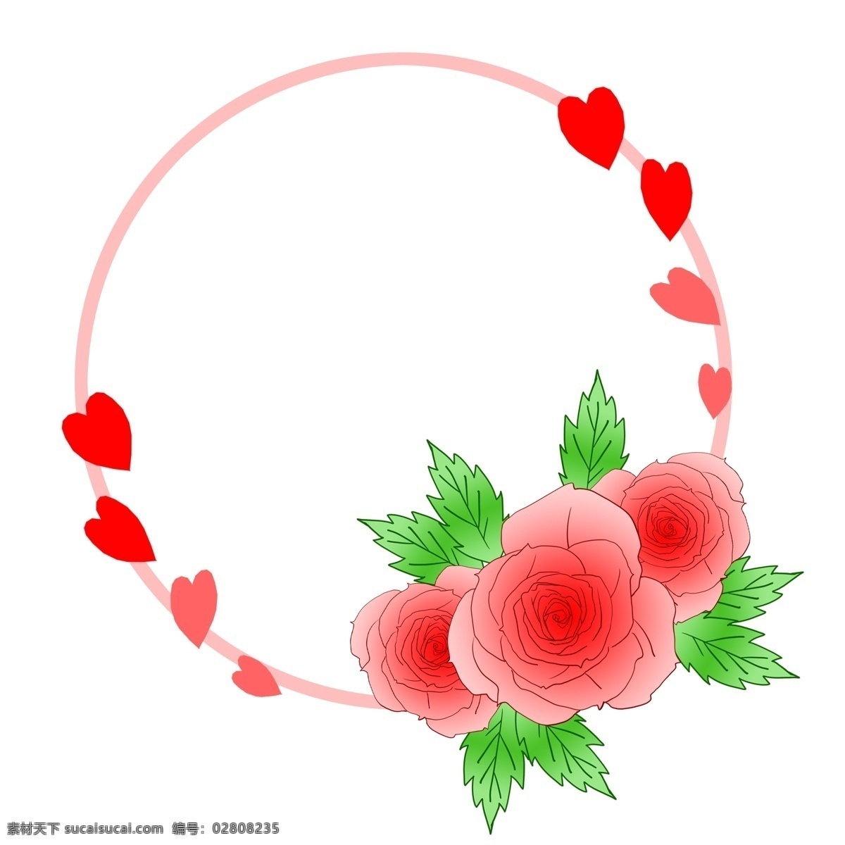 圆形 粉色 心形 边框 插画 粉色边框 红色心形 红色爱心 花环 圆形边框 粉色花朵装饰 绿色的叶子 爱心装饰 边框插画
