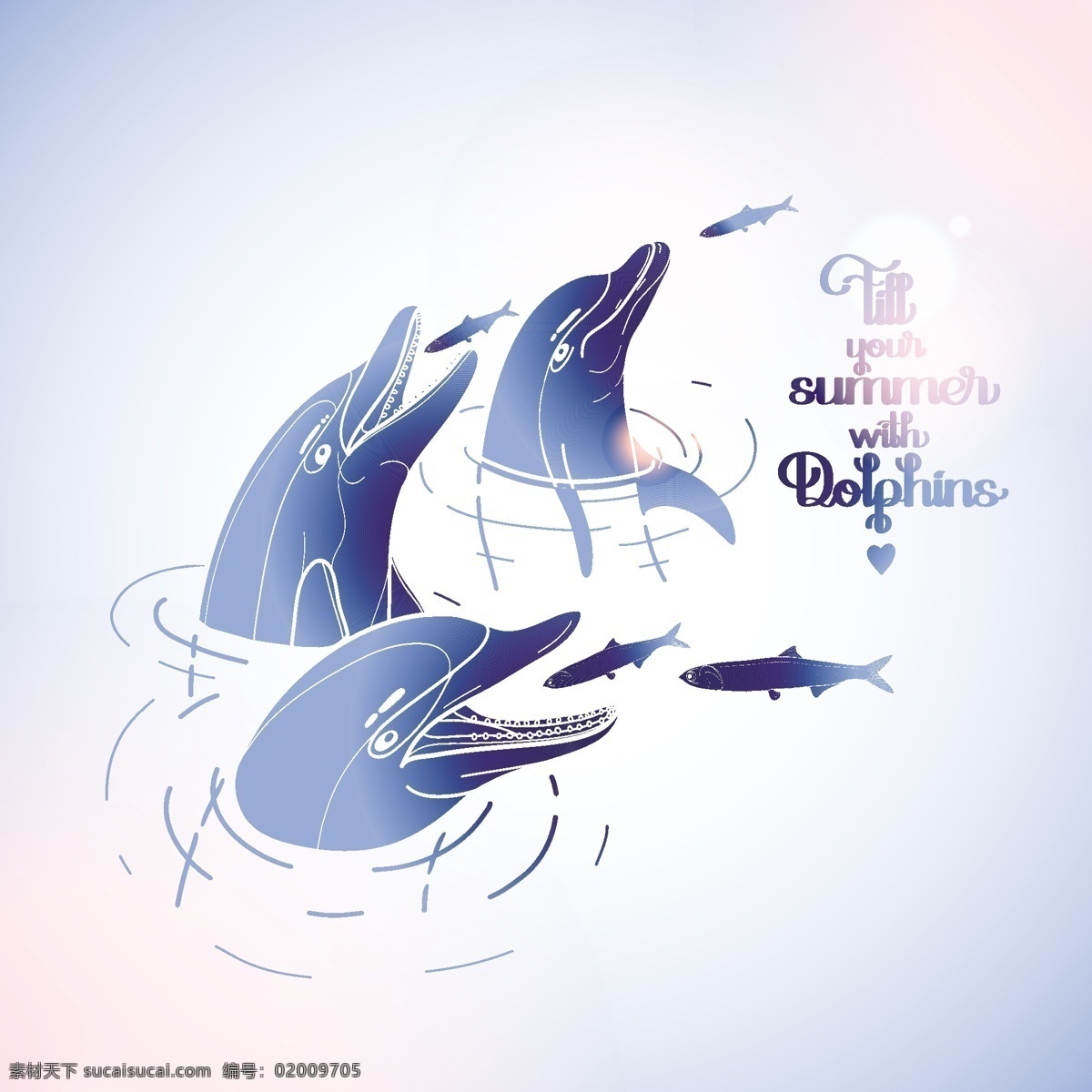 夏日 海豚 矢量 梦幻 浪漫 创意 涂鸦 小清新 卡通 填充 插画 背景 海报 广告 包装 印刷 夏天