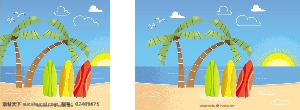 热带 海滩 风景 椰树 冲浪板 背景 热带海滩 背景素材