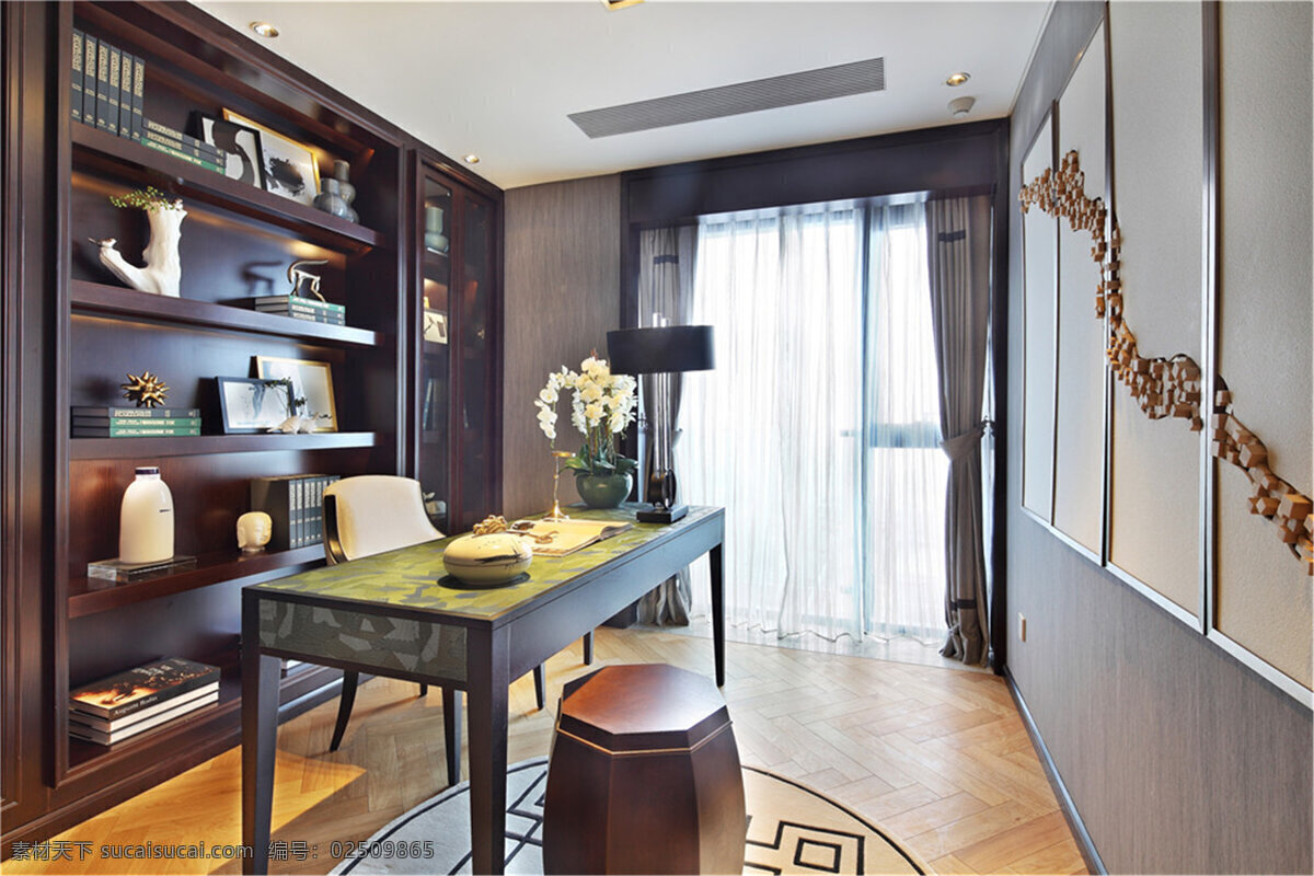 新 中式 简约 室内 书房 书桌 落地窗 设计图 家居 家居生活 室内设计 装修 家具 装修设计 环境设计
