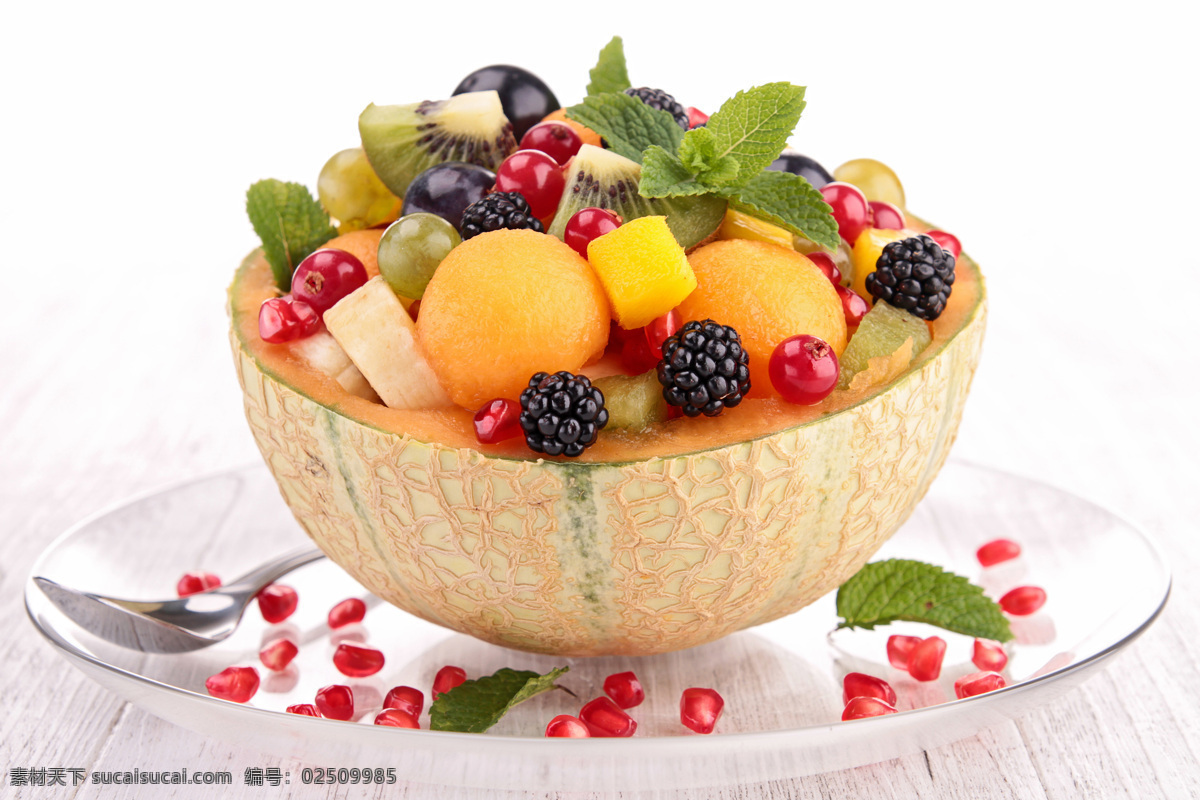 哈密瓜 水果 沙拉 猕猴桃 石榴 黑莓 薄荷 水果沙拉 美食 食物摄影 美味 美食图片 餐饮美食