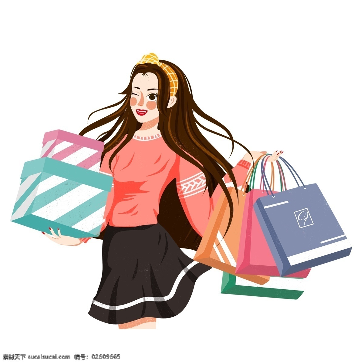 卡通 小 清新 疯狂 购物 女生 商用 元素 小清新 礼物 插画 双十一 少女 购物袋