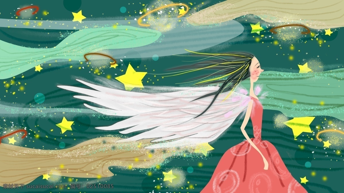 小 清新 精灵 仙子 星空 云彩 星球 插画 小清新 精灵仙子