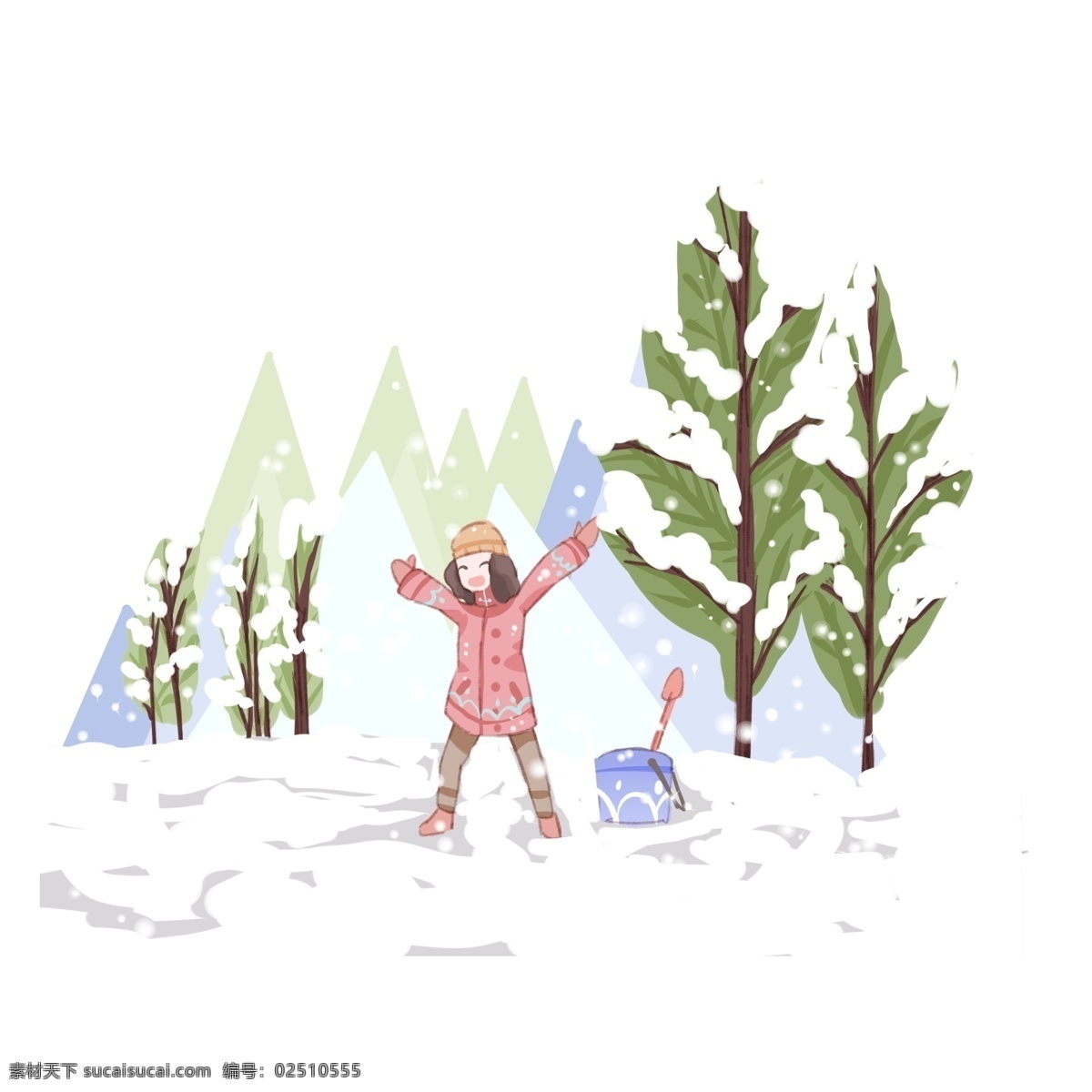 立冬 冬至 二十四节气 卡通 可爱 节气 雪景 插画 蓝色 下雪 玩雪 开心 森林 树木 植物 冬天插画