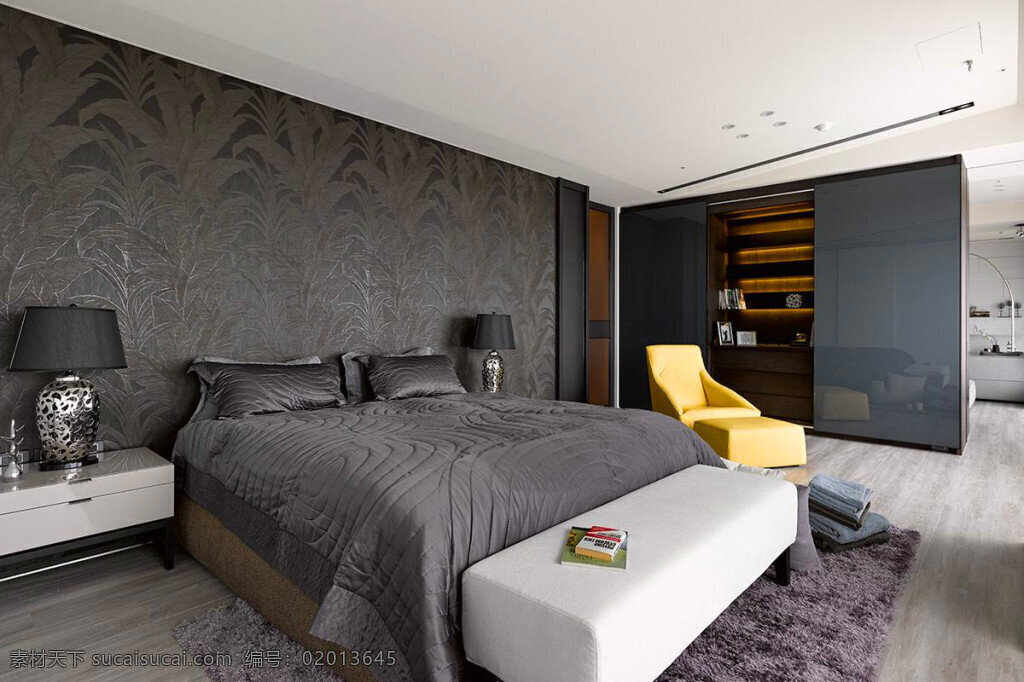 创意 现代 卧室 床 效果图 房间设计 灰色壁纸 灰色床 简约 室内装潢 展示效果图 装潢效果图