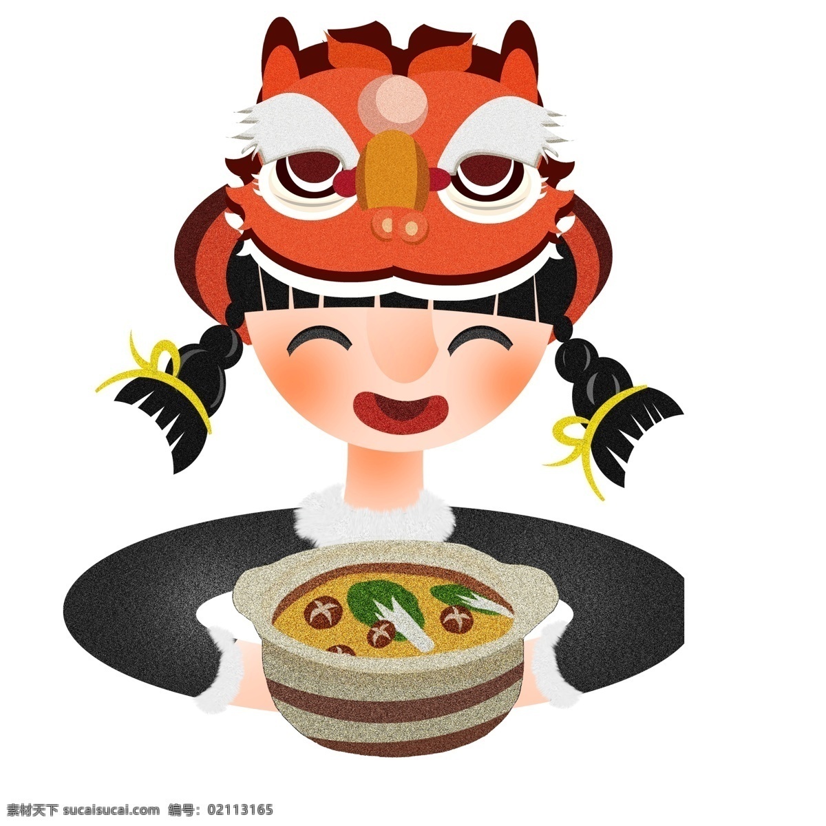 手绘 年夜饭 端 锅汤 女孩 春节 人物 卡通 插画 舞狮头 一锅汤 人物设计