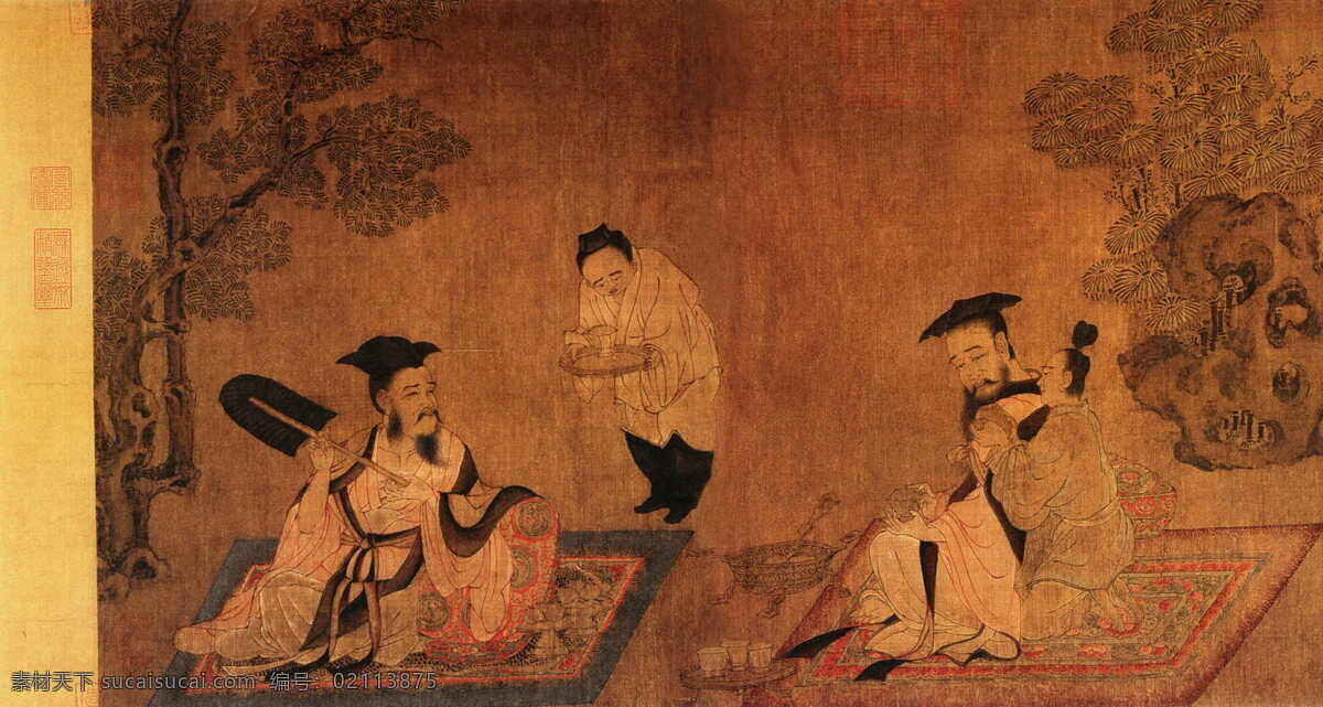雅兴 欣赏 喝酒作诗 人物 蒲扇 中国古代 棕色