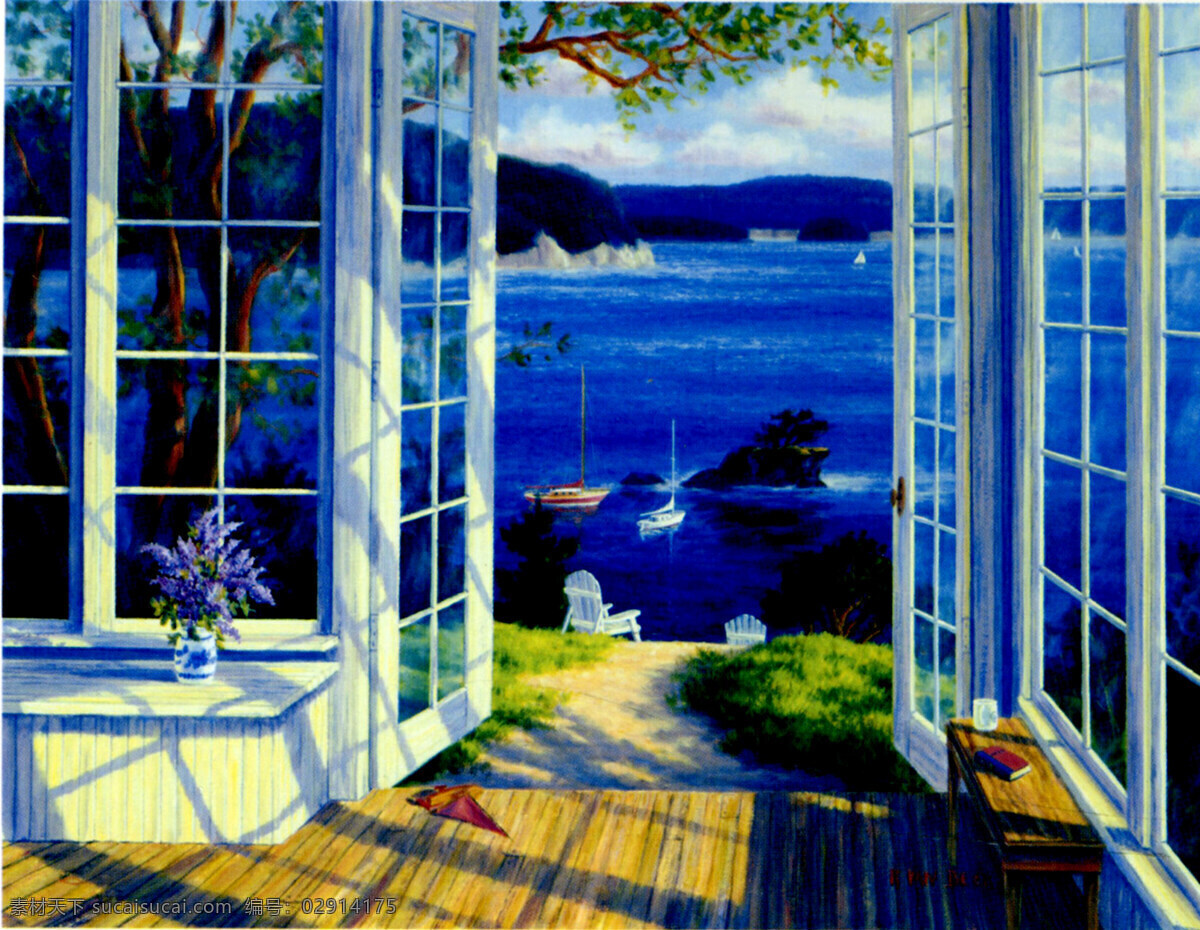 窗外海洋 油画风景 外国油画 写真油画 窗外风景 海洋风景 大海油画 绘画书法 文化艺术