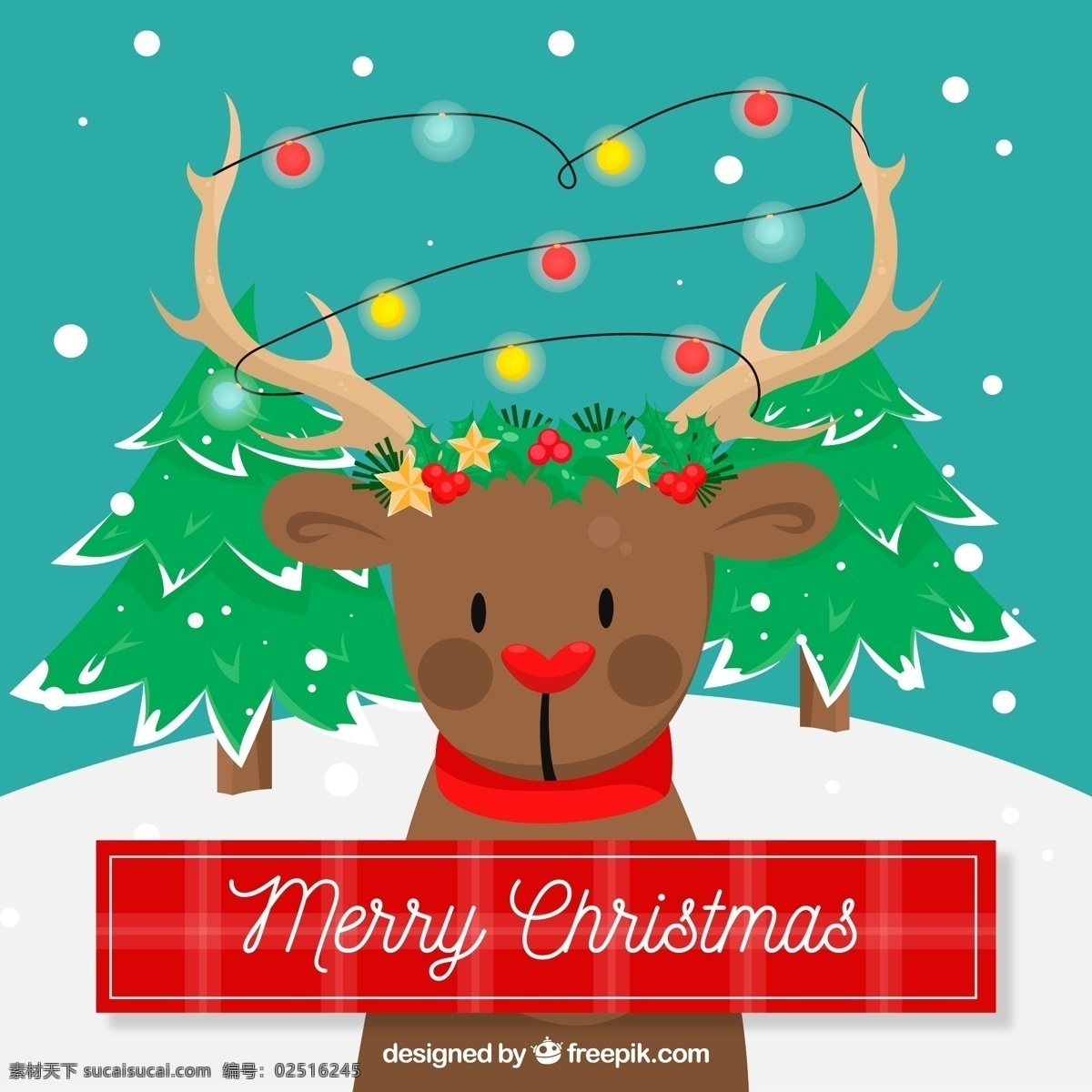 可爱 圣诞 驯鹿 节日 矢量 彩灯 麋鹿 圣诞节 圣诞树 雪花