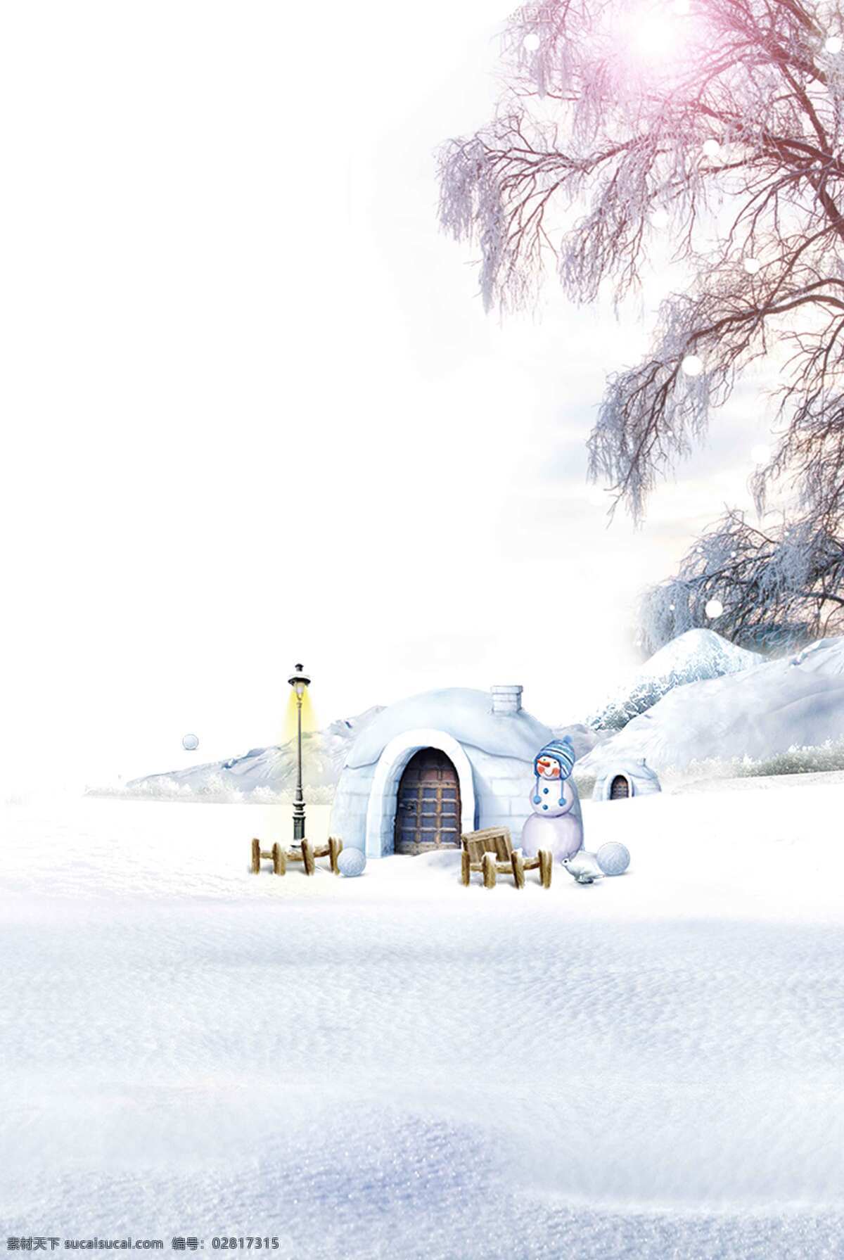 唯美 阳光 冰 屋 背景 浪漫 冬季 雪人 冰屋 海报 广告