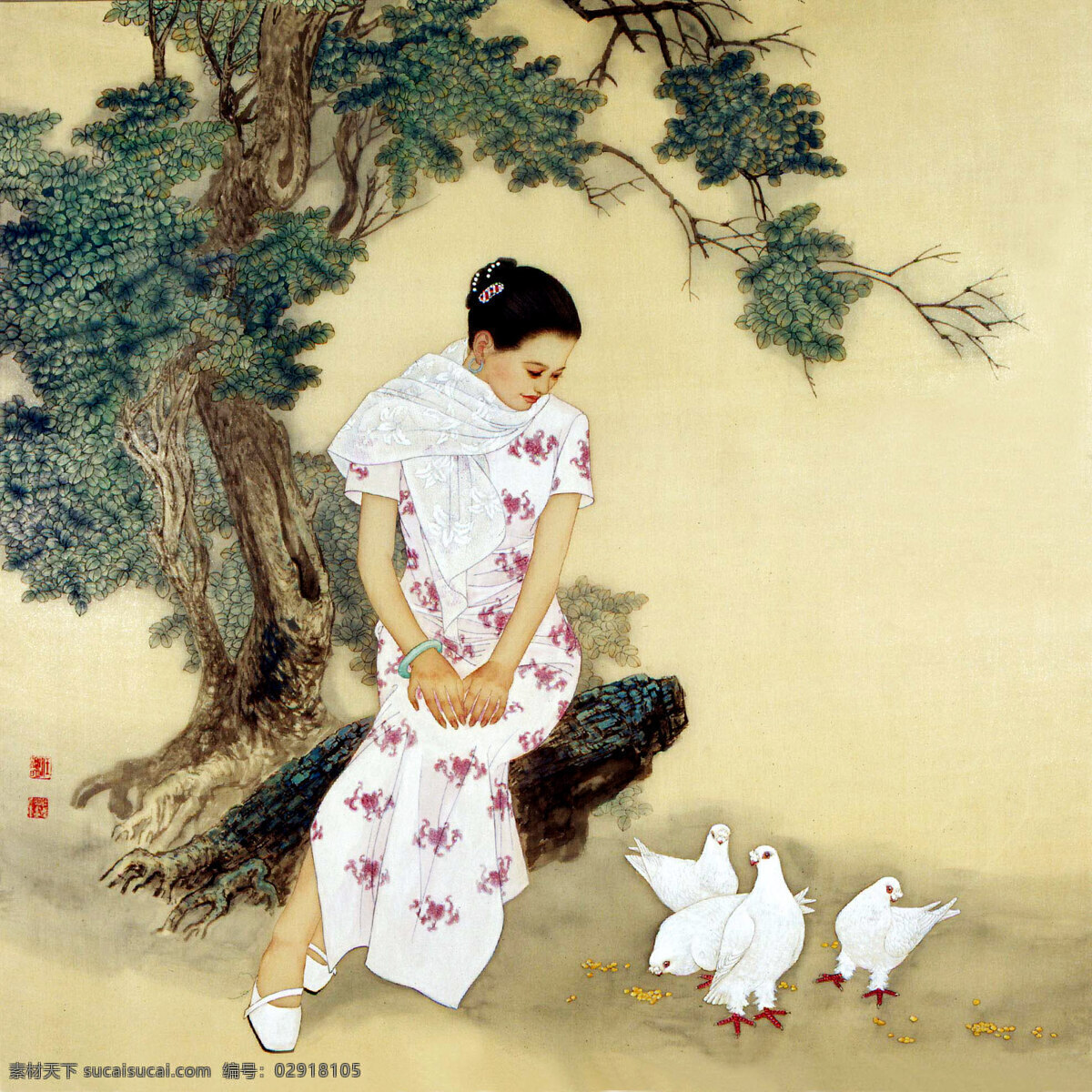 奇葩 画 中国画 水墨画 现代国画 人物画 人 女人 佳人 靓女 艳丽 美丽 动作 表情 服装 旗袍 发型 白鸽 树木 国画艺术 书法 印章 国画集 绘画书法 文化艺术