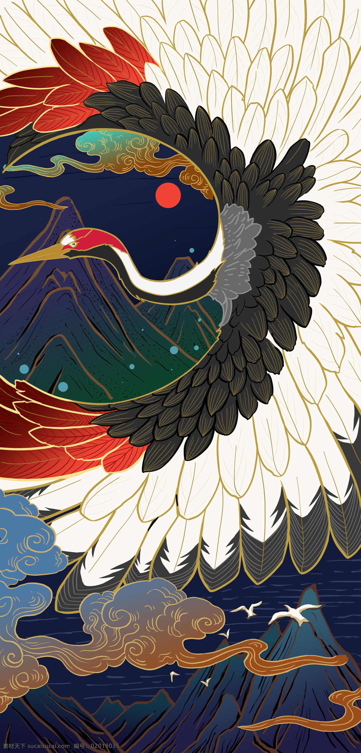 转运锦鲤 国潮 国风 仙鹤展翅 原创 插画 文化艺术 传统文化