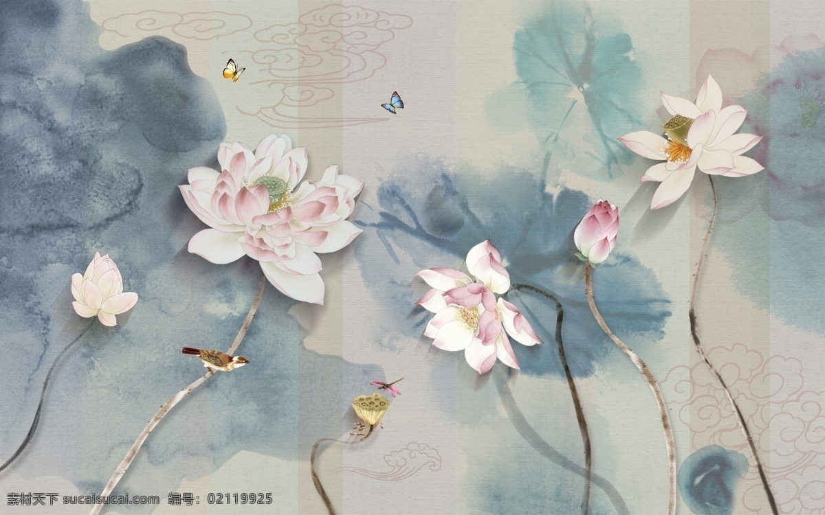 新 中式 水彩 荷花 图 莲花 荷叶 蜻蜓 鸟 国画 水彩画 横版画 三联画 客厅画 装饰画 餐厅画 床头画 卧室画 挂画 壁画 沙发背景墙画 植物 风景 手绘 分层