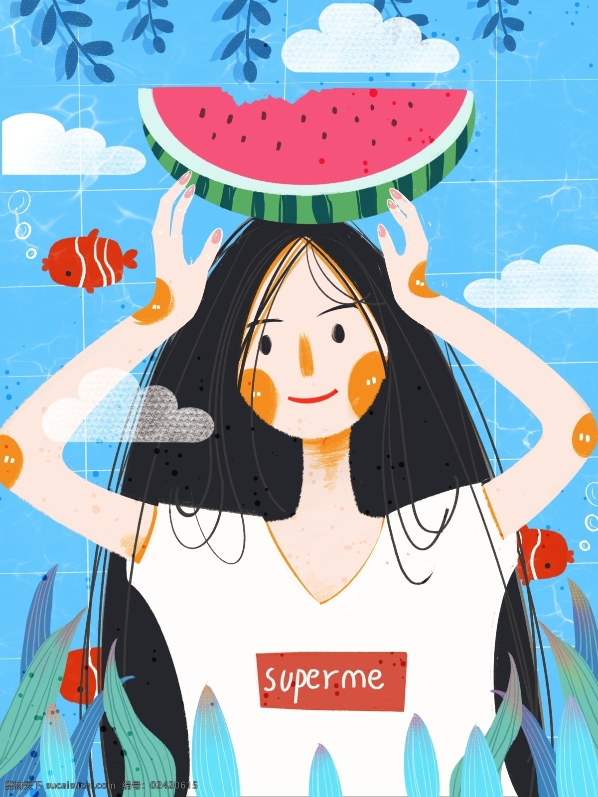 蓝色 小 清新 二十四节气 立夏 西瓜 女孩 插画 小清新 拿西瓜的女孩 小鱼 游泳池