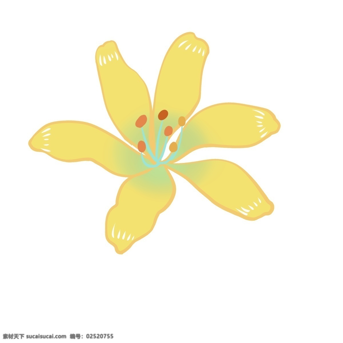 手绘 黄色 绽放 百合花 免扣 白色 一簇 花蕊 绿植 天然 蓝色 漂亮 装饰 贴画