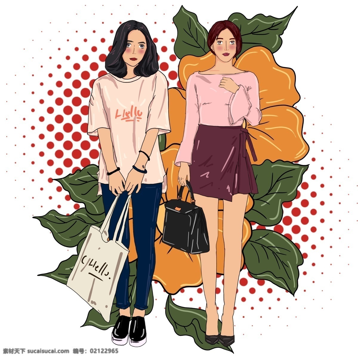 复古 双十 模特 清新 女生 小 插图 姐妹 闺蜜 短发女青年 长发女孩 卡通手绘 国潮 撞色 古风 少年 服装模特 淘宝 电商 双十一 双 通用 双十二 双12 女大学生 鲜艳 文艺 小清新